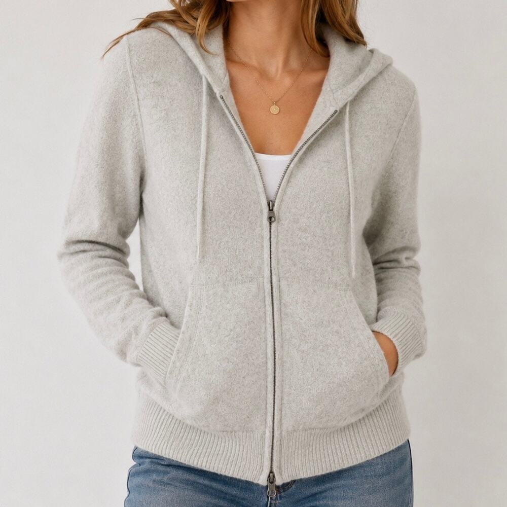 SAKS‎ FIFTH AVENUE | Cashmere Light Gray Full Zip Hoodie Sweater Soft | Size XL